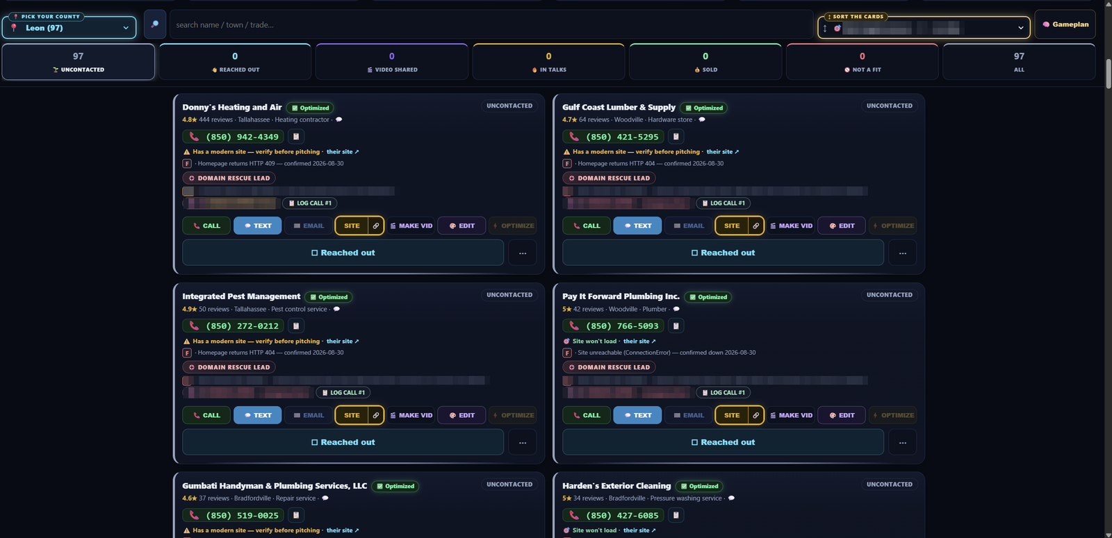 Baldwin operator console for one county: a funnel row across the top (uncontacted, reached out, video shared, in talks, sold, not a fit) and a grid of lead cards, each with the business name, rating and review count, phone, site-health finding, and call, text, email, site, and video actions.