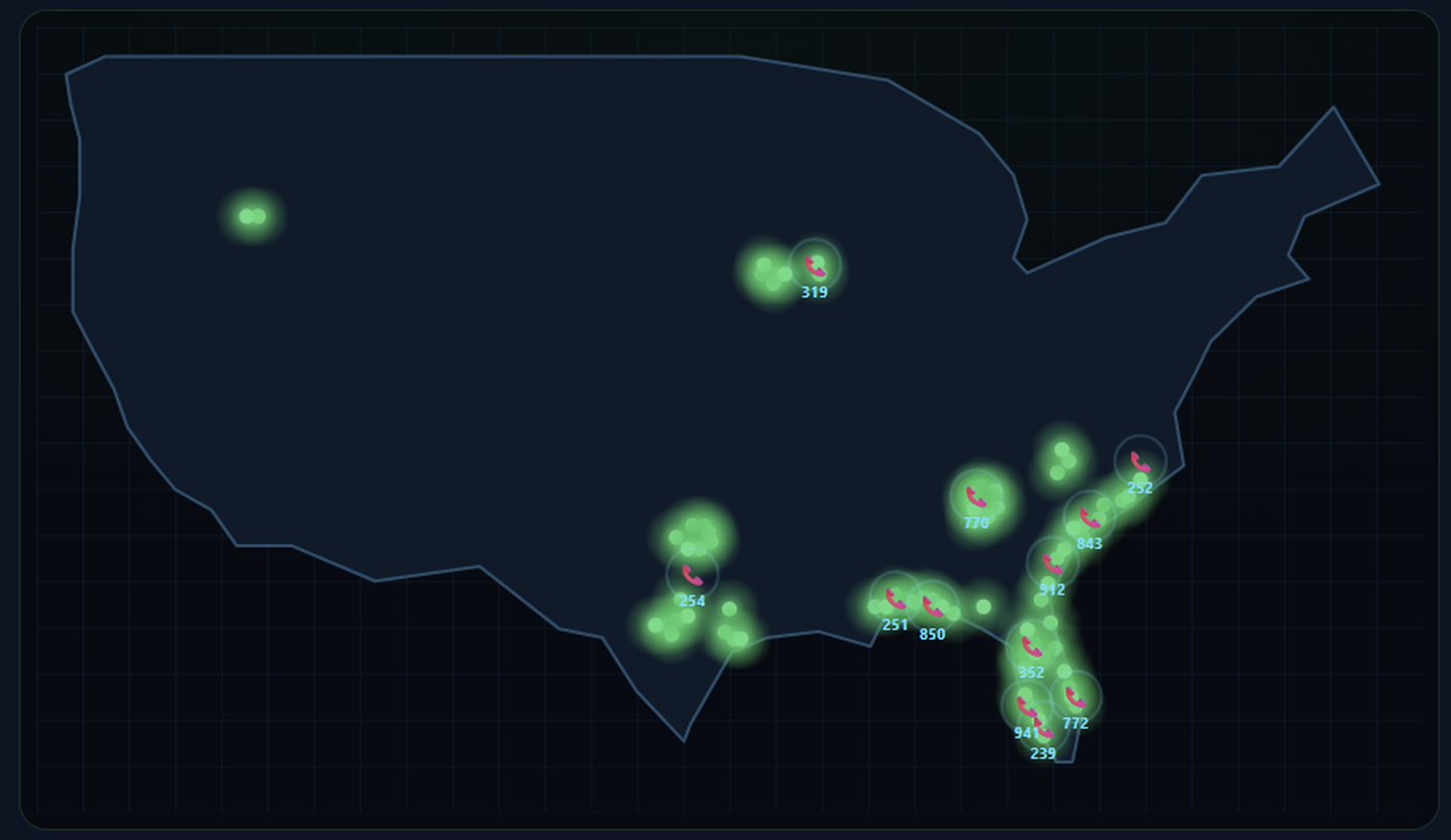 Coverage map from the Baldwin console: glowing points mark counties with ready-made demo inventory, clustered along the Gulf Coast, Southeast, Texas, and Iowa, with phone markers on metro clusters.